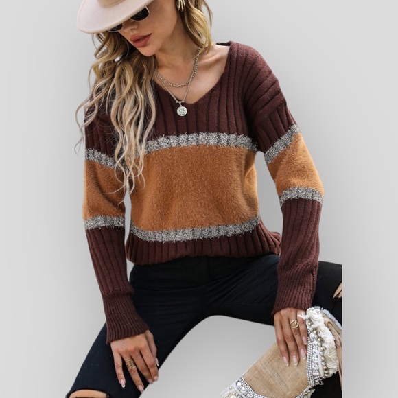 Brown, Orange & Tinsel Colorblock V-Neck Long Sleeve Knit Sweater - Picture 8 of 14
